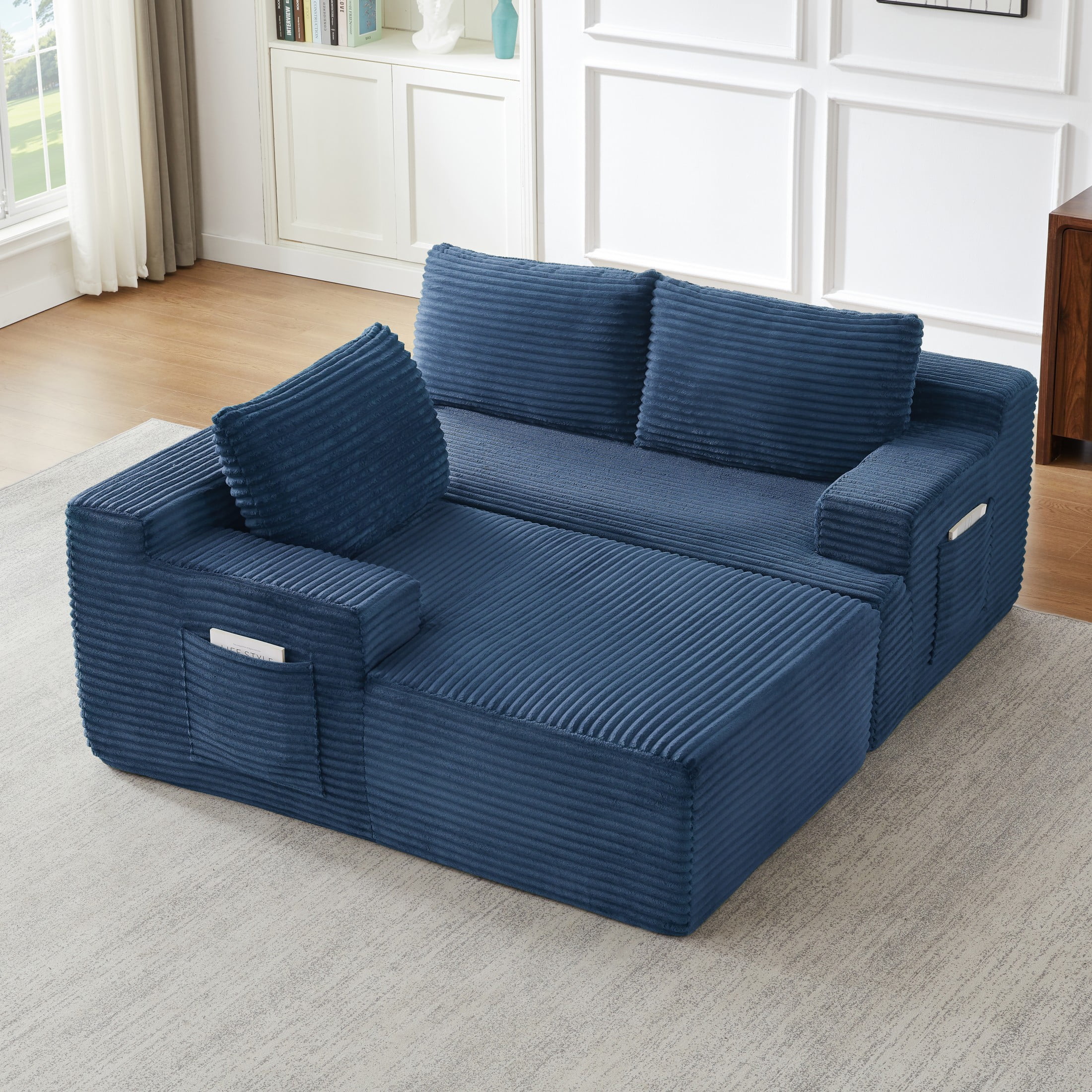 Aukfa 96" L-Shaped Cloud Sectional Sofa, Modular Boneless Couch with Deep Seat, Left-Facing Chaise, Corduroy Sleeper Sofa for Living Room, Blue