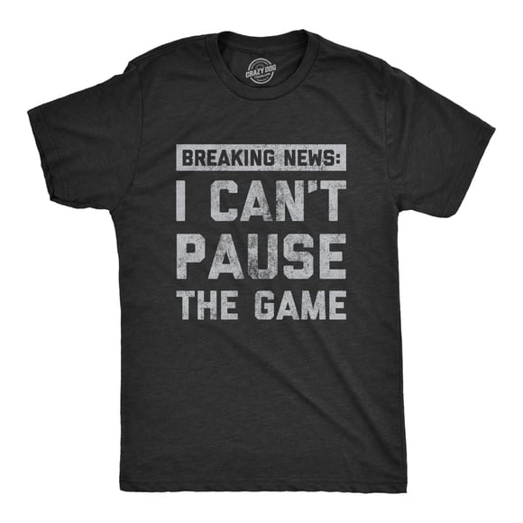 Mens Breaking News I Cant Pause The Game T Shirt Funny Online Video Games Tee for Guys (Heather Black - PAUSE) - M