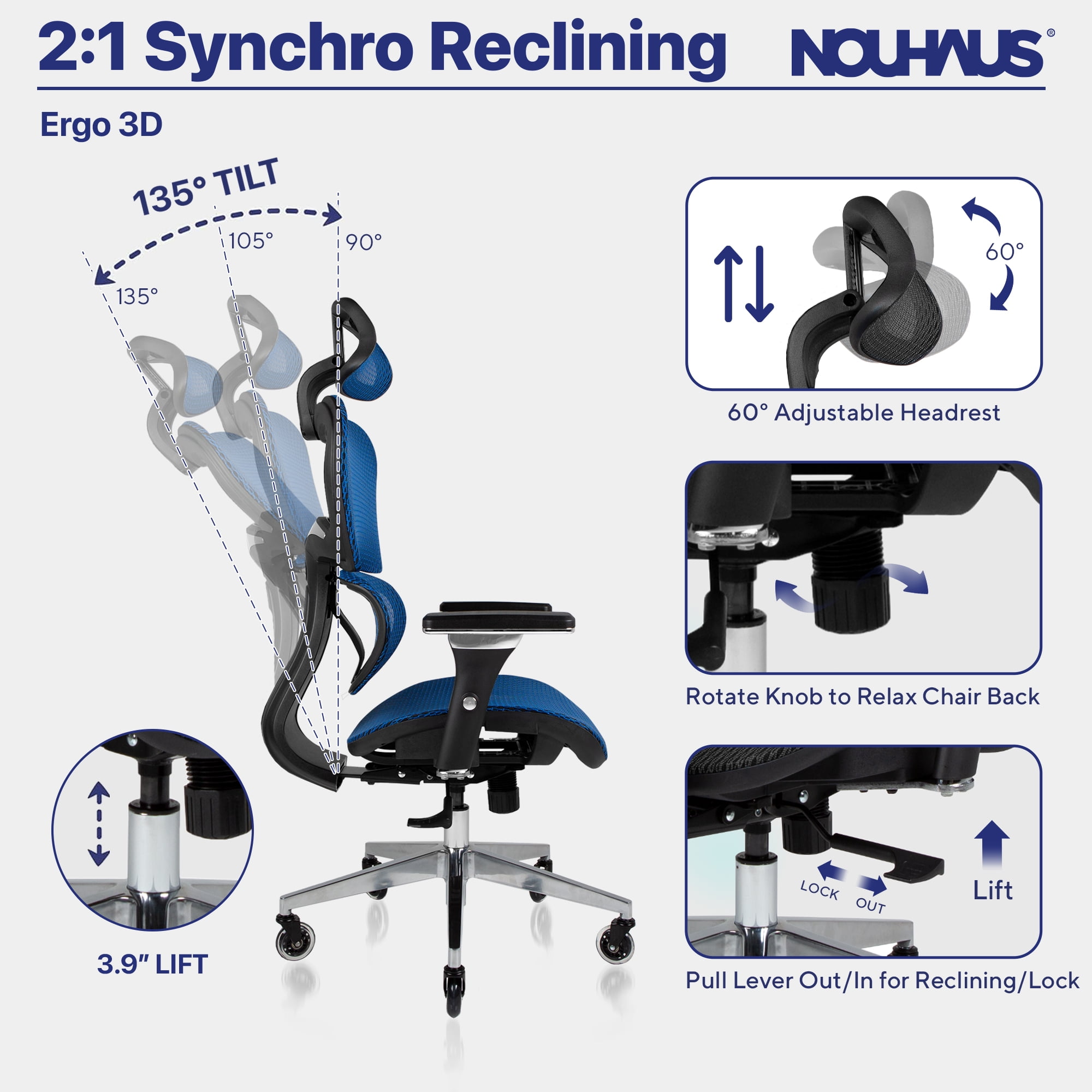 Nouhaus Ergo3D Ergonomic Office Chair Lumbar Support Mesh Office Chair with 4D Adjustable Armrest, Adjustable Headrest and Wheels, Mesh High Back Home Office Desk Chairs(Blue)