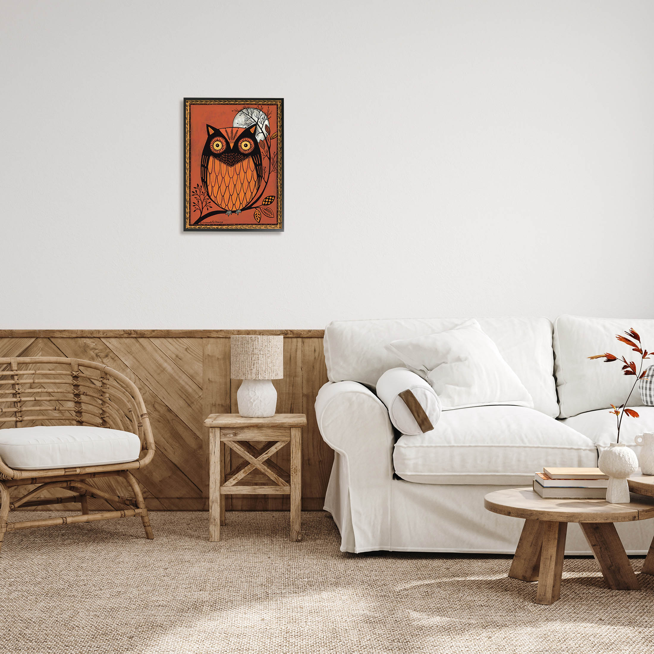 Round Owl Autumn Botanical Border Holiday Graphic Art Black Framed Art Print Wall Art