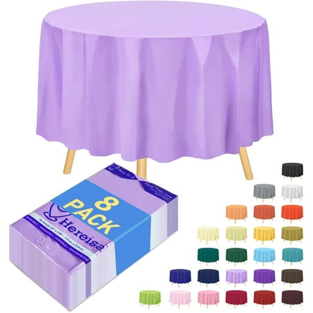 

8-Pack Lavender Disposable Plastic Tablecloths Round 84 Inch Diameter - Heavy Duty Waterproof Party Table Covers for Weddings Banquets & Events