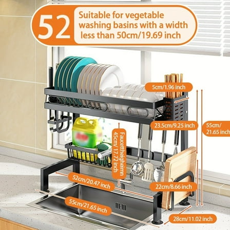 Over The Sink Dish Drying Rack,2 Tier Stainless Steel Dish Rack Drainer, Large Stainless Steel Dish Rack Over Sink for Kitchen Counter Organizer Storage Space Sav