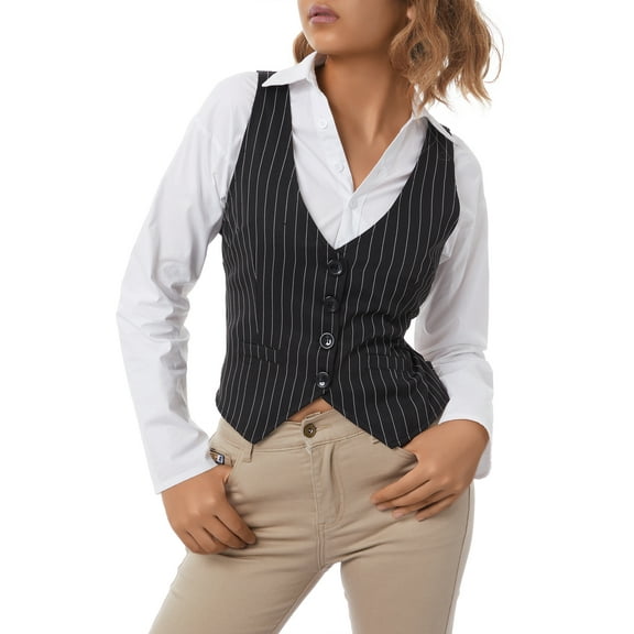 Canrulo Women Waistcoat Vest Halter Neck Button Down Dressy Vests Tuxedo Suit Racerback Vintage Streetwear Black Striped M