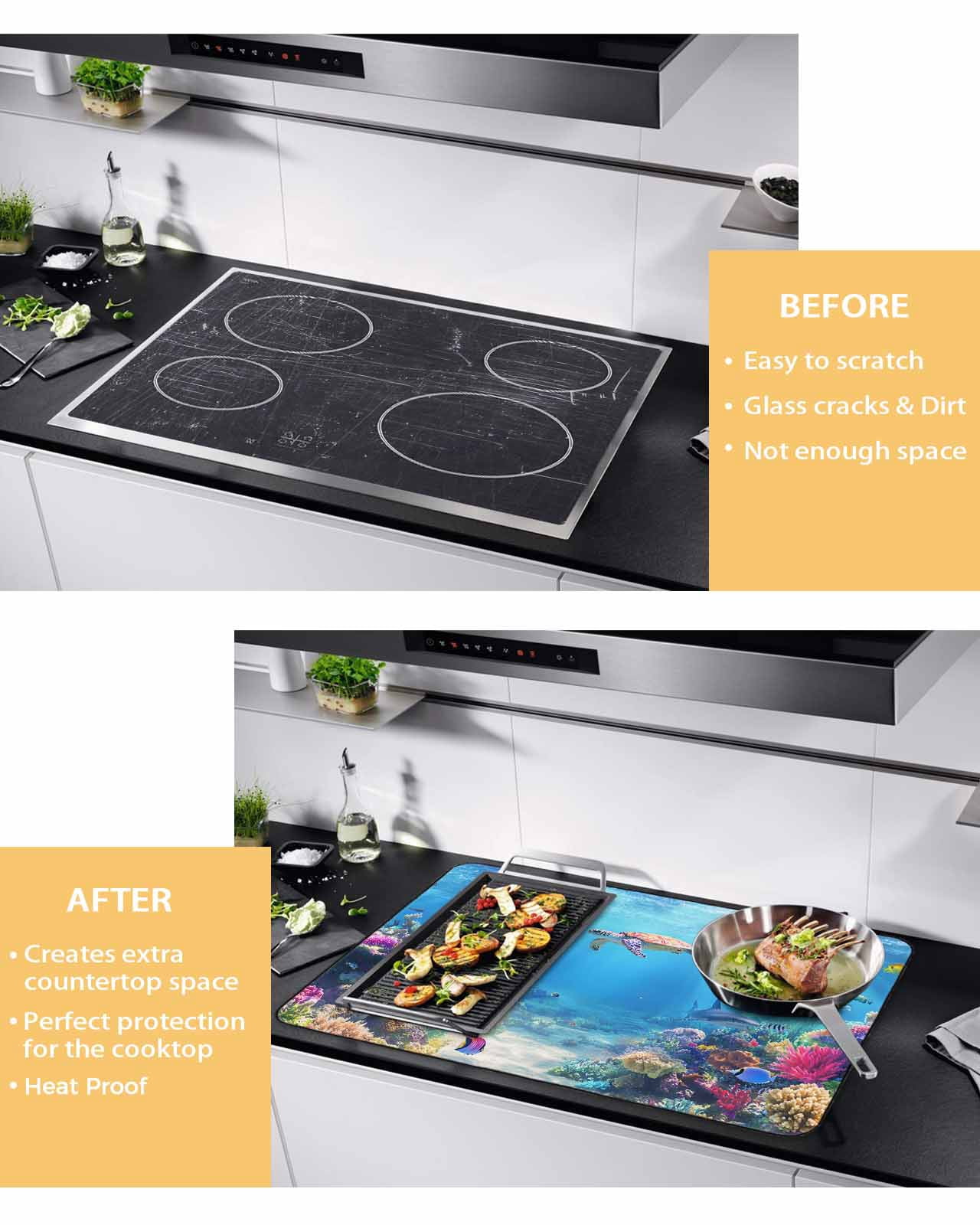 nqOlkjepod Large Induction Cooktop Protector Mat 24"x21", Ocean Turtle Stove Top Covers for Electric Stove, Blue Beach Summer Dolphin Whale Coral Fish Stove Burner Cover Mats, Glass Top Stove Cover
