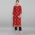 thumbnail image 3 of Janasya Indian Round Neck 3/4 Sleeve Ethnic Motifs Maroon Rayon Kurta For Women, 3 of 7