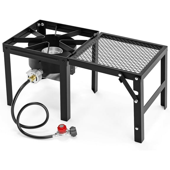 Bonnlo Single Burner Propane Stove with Foldable Side Shelf, 75000BTU Portable Propane Burner with Adjustment Regulator, Gas Stove for Outdoor Camping Patio Cooking Turkey Frying Seafood Boiling