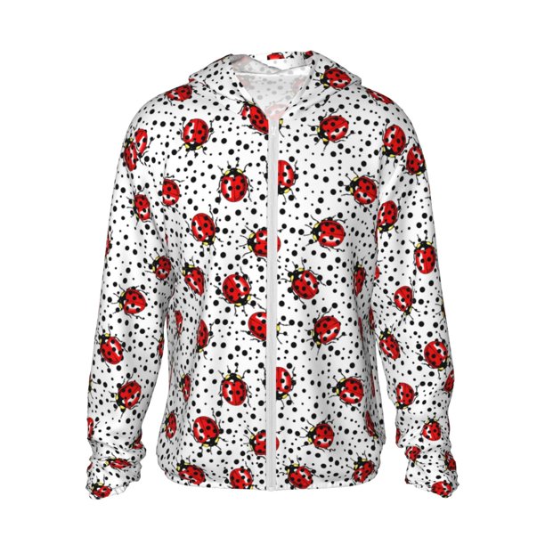 Fotbe Red Ladybugs On Black Dotted Chaqueta con Protección Solar UPF 50+ para Hombre y Mujer, Camisa con Capucha y Bolsillos-Large