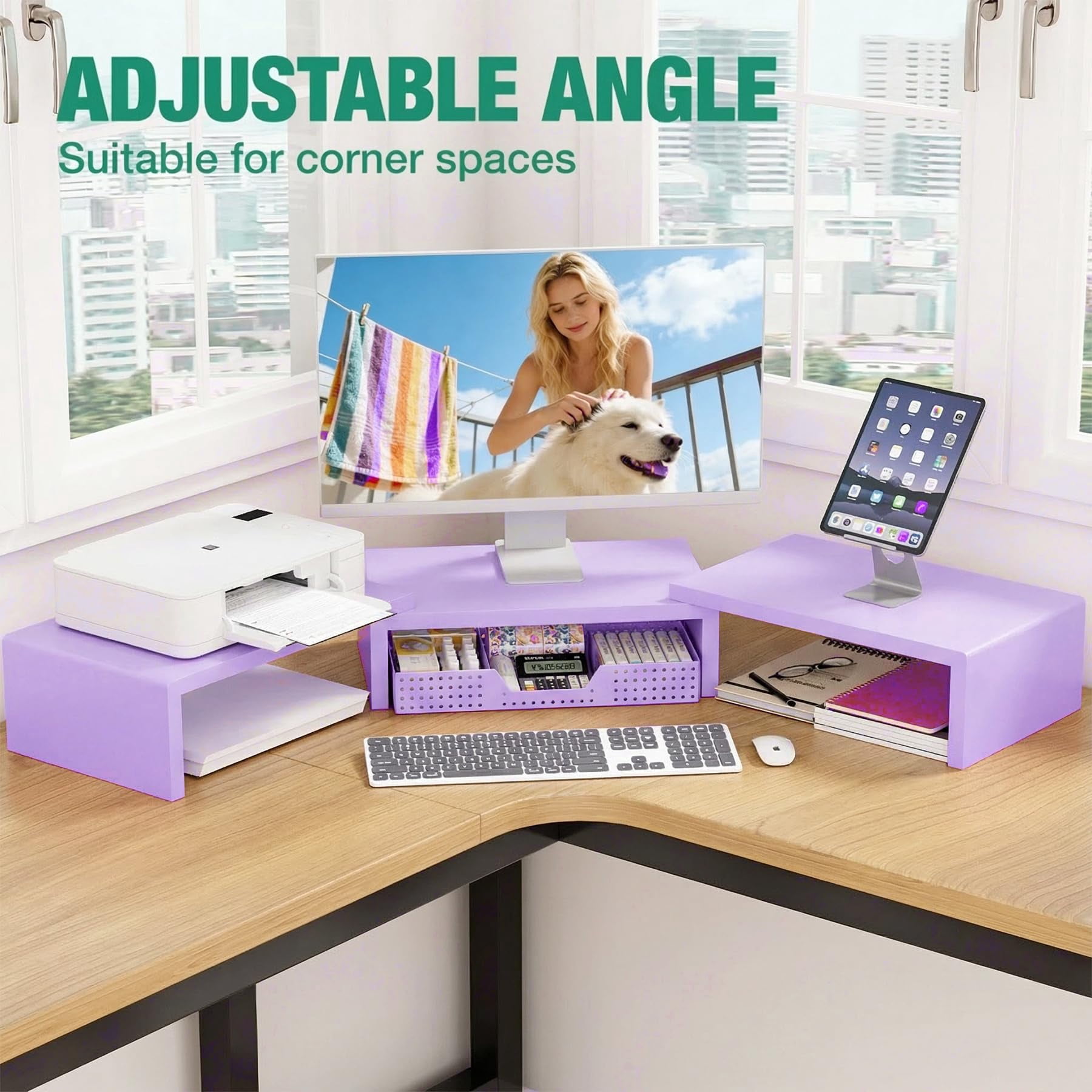 Dual Computer Monitor Stand Riser With Drawer  Workspace Desk Organizer Office Supplies Accessories For Women Purple