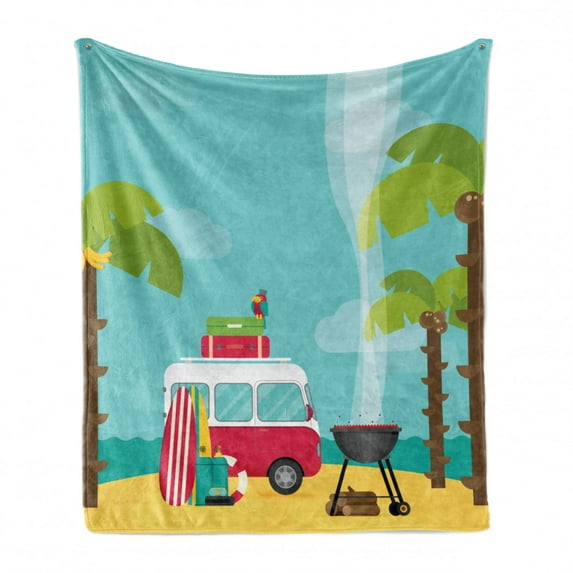 Explore Soft Flannel Fleece Blanket, Caravan Camping with Barbeque and Surf Boards Tropical Beach Banana Coconut Trees, Cozy Plush for Indoor and Outdoor Use, 50" x 70", Multicolor, by Ambesonne