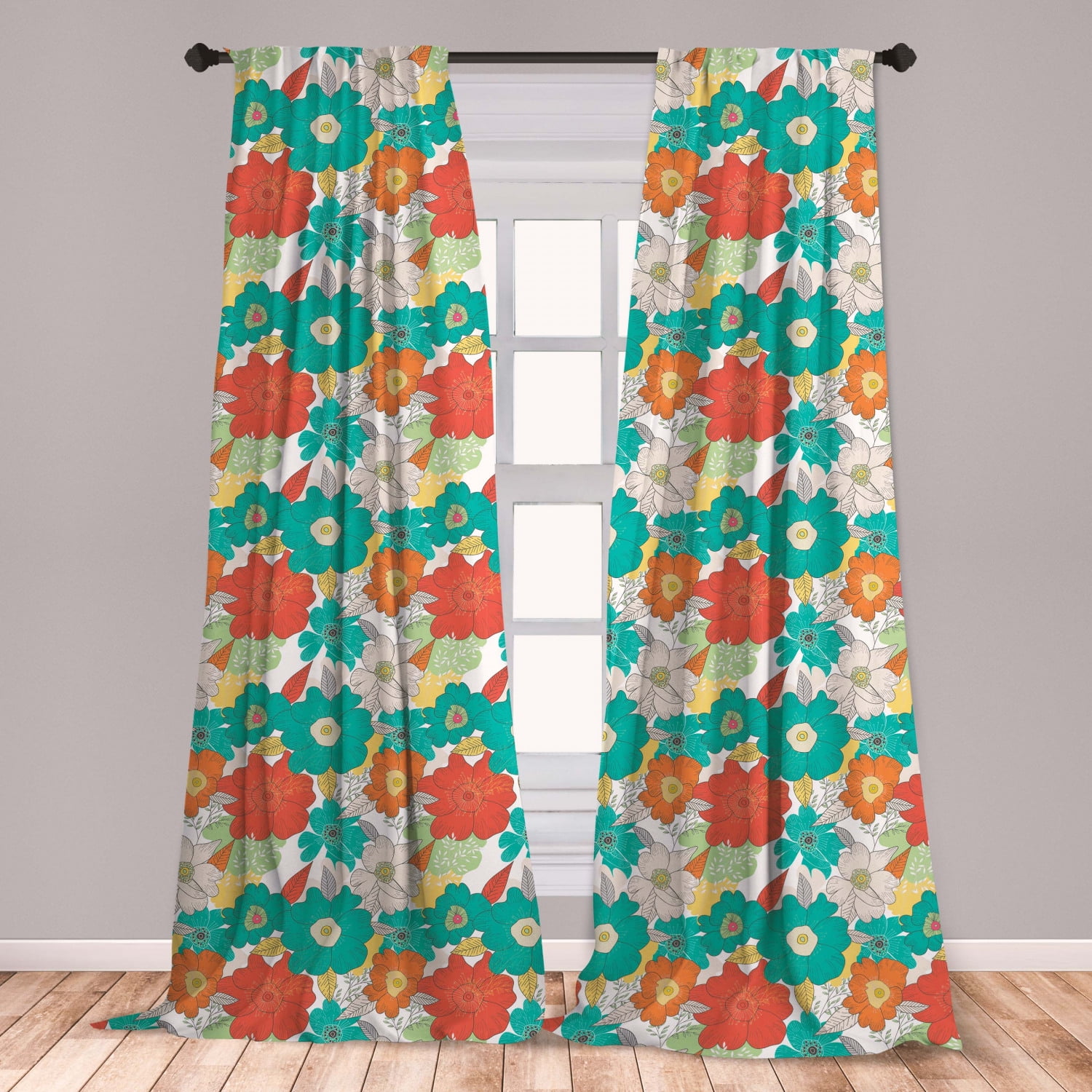 Floral Curtains 2 Panels Set, Doodle Style Whimsical Pattern of Flowers