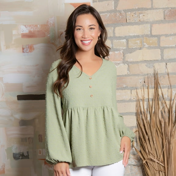 Elsie & Zoey Kyra XL Pistachio Swiss Dot V-Neck Long Sleeve Babydoll Blouse for Women