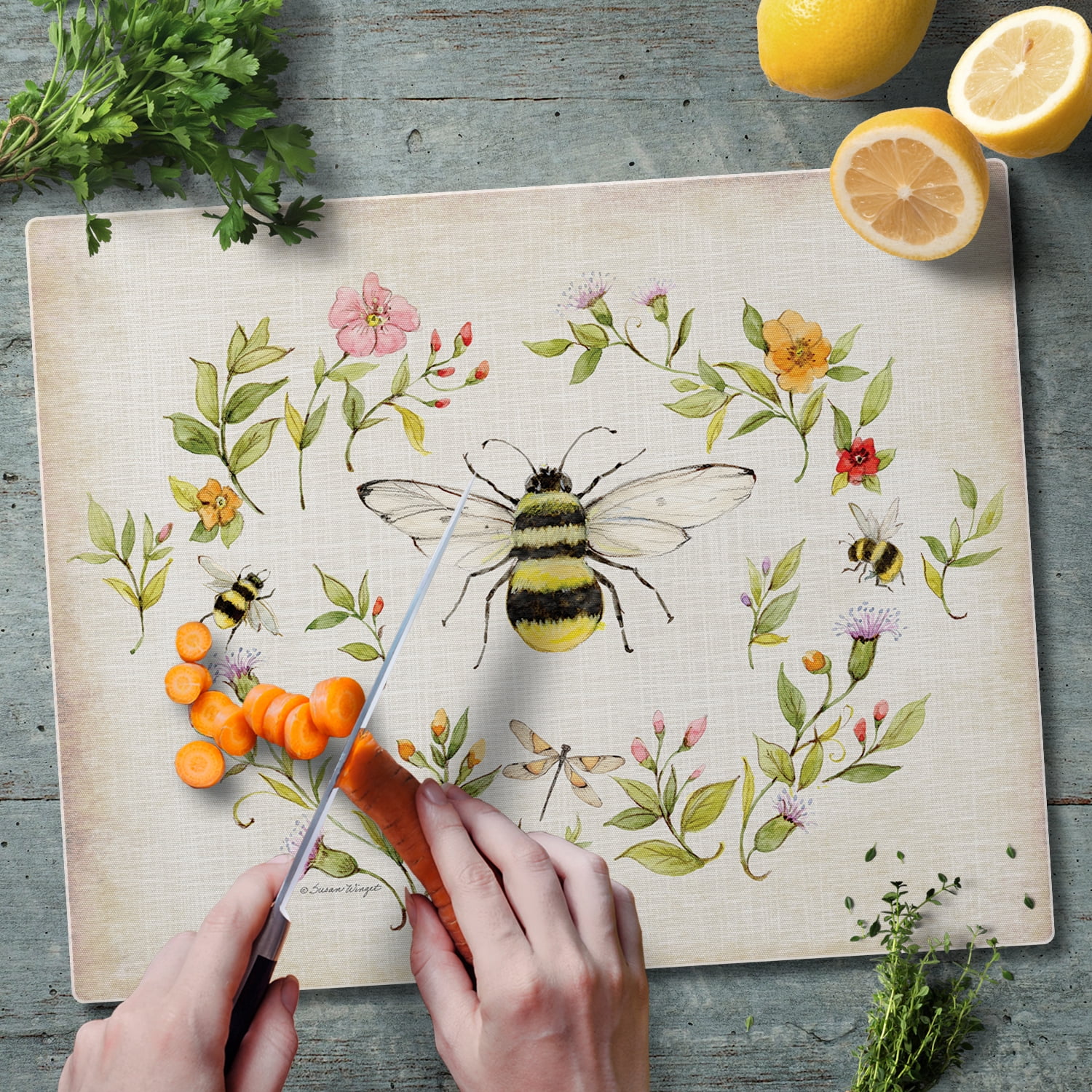 CounterArt Bee Wreath 3mm Tempered Glass Cutting Board 15" by 12"