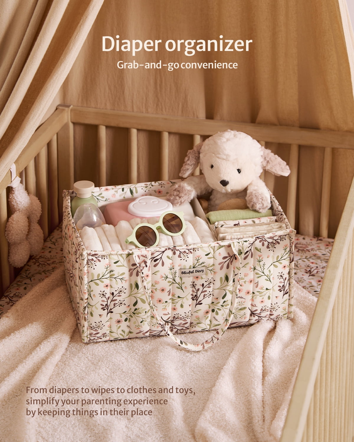 Blissful Diary Diaper Caddy Organizer,Baby Baskets for Baby Shower, Portable Nursery Changing Table Organizer, Diaper Bag, Infant Newborn Essentials Gift, Baby Registry Must Have, Botanical Floral