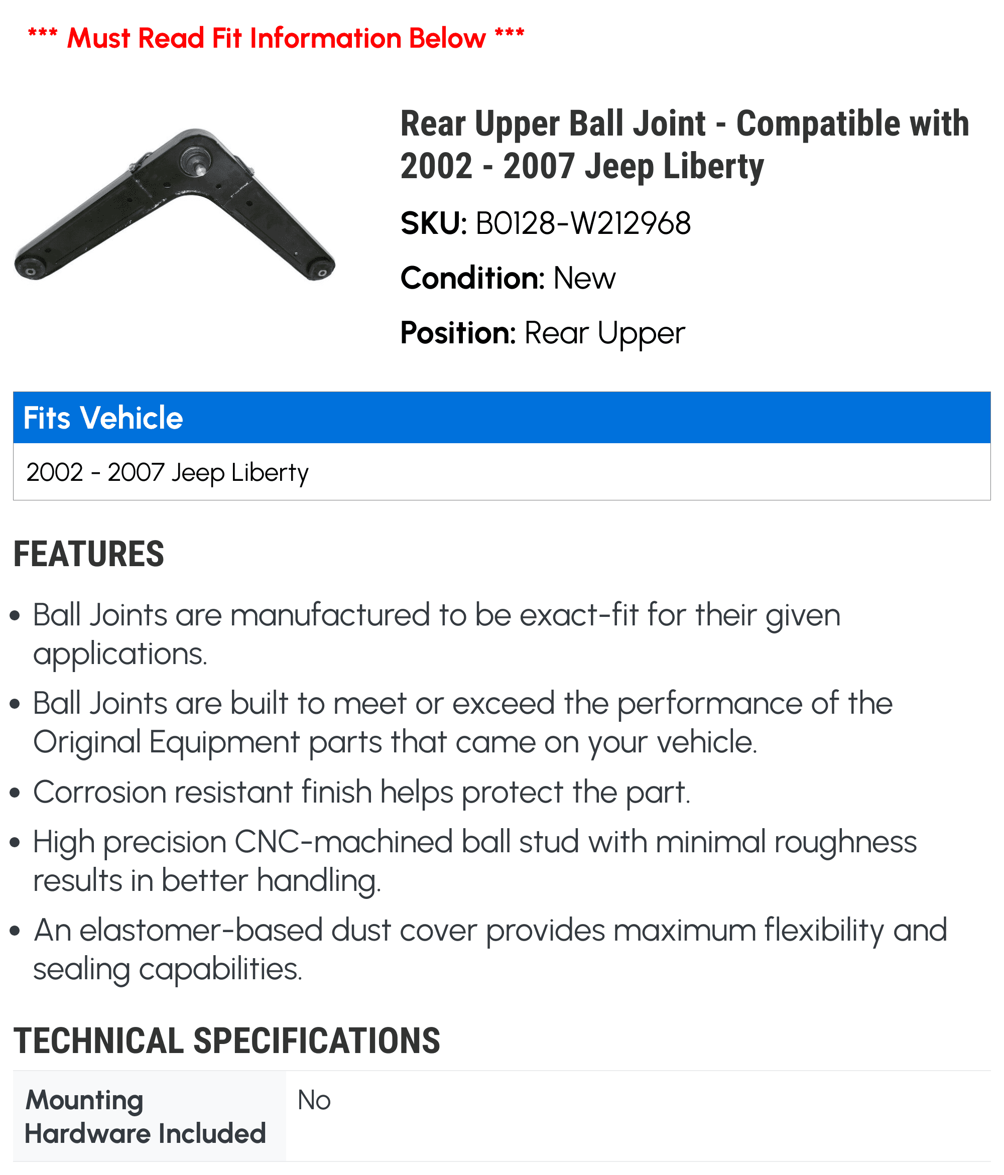 Rear Upper Ball Joint - Compatible with 2002 - 2007 Jeep Liberty 2003 2004 2005 2006