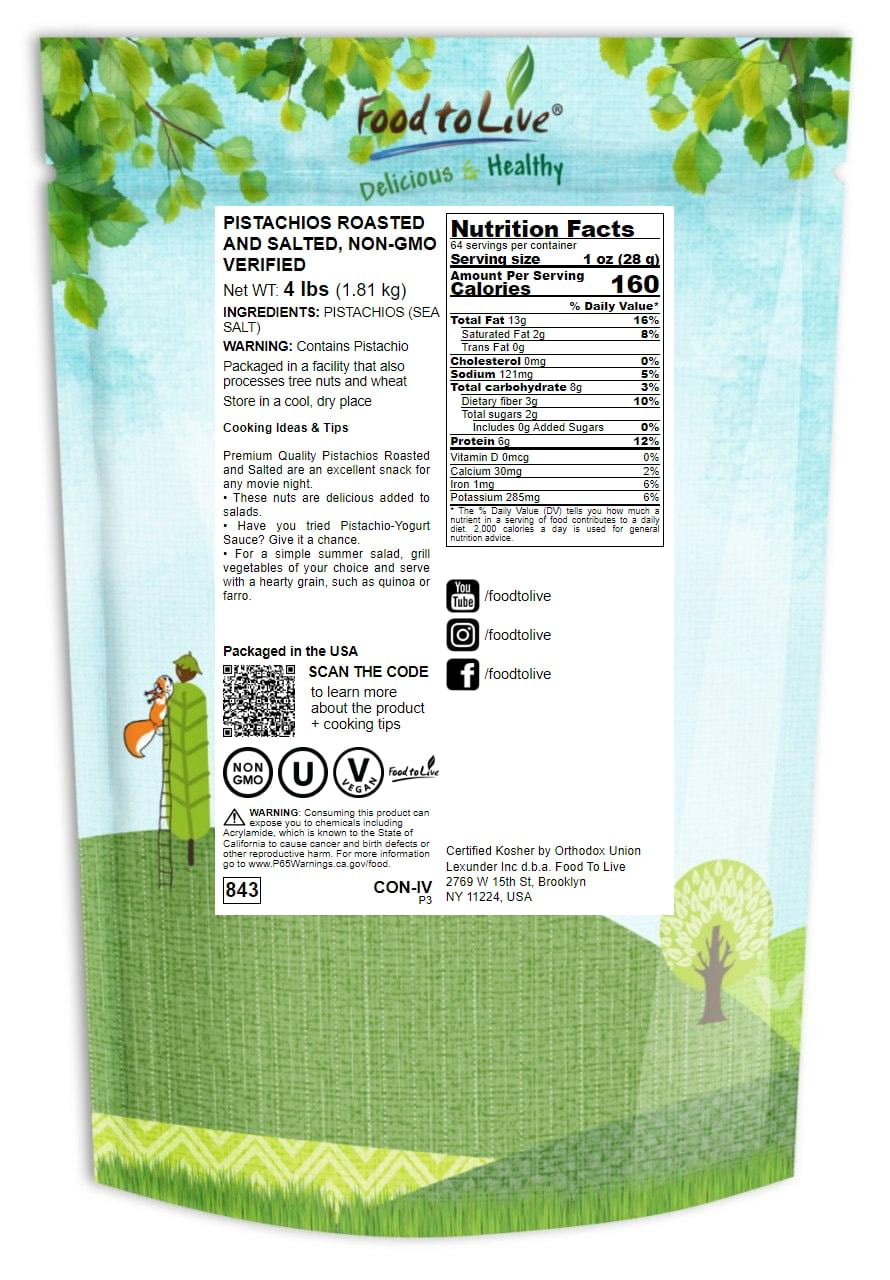 Pistachios Roasted and Salted, 4 Pounds - Kosher, Vegan - by Food to Live