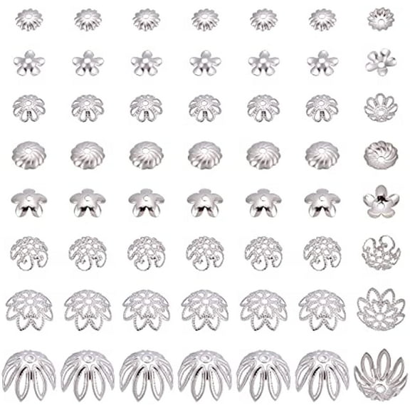 240pcs 8 Styles Stainless Steel Flower Bead Cap Bails End Charm Caps for Jewelry DIY
