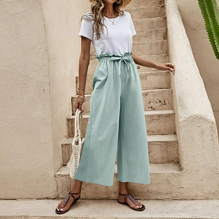 PBNBP Linen Pants for Women,Women's 2023 Linen Pants Fashion Casual Elastic  High Waisted Wide Leg Loose Work Long Palazzo Pants Trousers with Pockets 