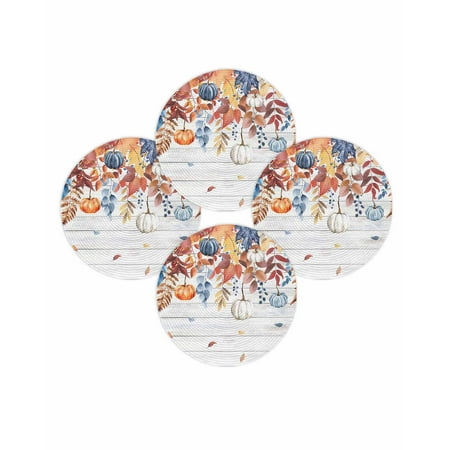 Fall Round Placemats Set of 4 Harvest Pumpkin Place Mats Thanksgiving Woven Placemat Orange Blue Leaves Branch Wood Circle Braided Table Mat for Kitchen Dining Table Autumn Party Home Decor 15 Inch