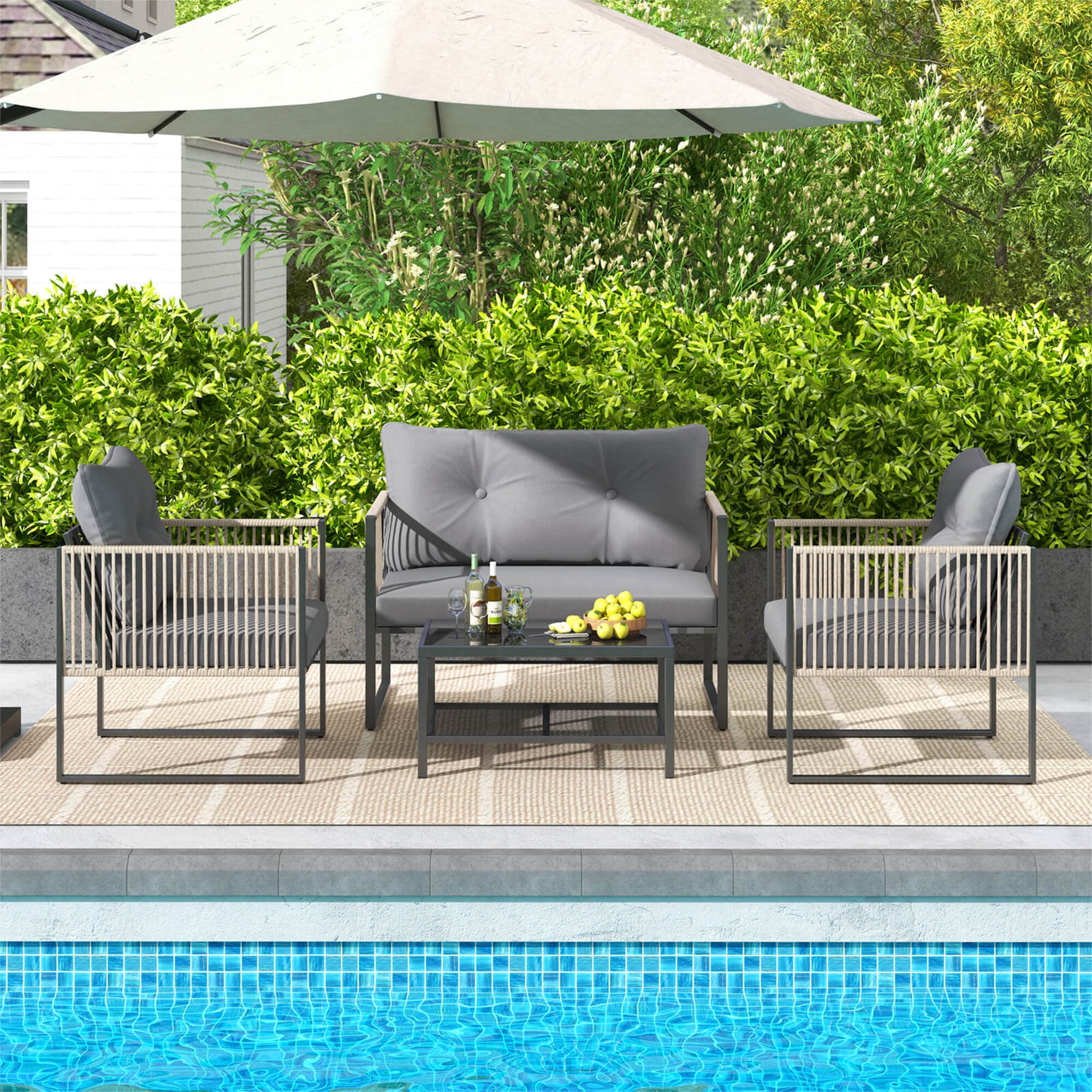 Costway 4 PCS Patio Furniture Set PE Rattan Conversation Sofa Set with Thick Cushions