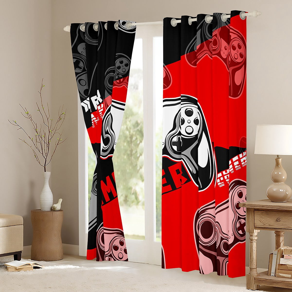 Gaming Curtains Teens Red And Black Gamer Curtains & Drapes Video Game Blackout Curtains Room Decor Window Treatments 52''Wx84''L Curtains & Drapes