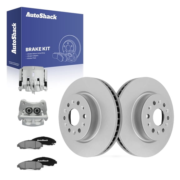 AutoShack Front Vented Coated Brake Rotors   Ceramic Pads   Calipers 8-PC Brake Kit Replacement for 2019 Buick Enclave ArmorStop 13.58" (345 mm)
