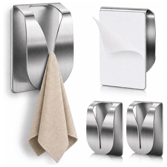 Adhesive Kitchen Towel Holders, Stainless Steel Kitchen Towel Hooks Holder, Wall Mount Non Drilling Dish Towel Holder Hangers for Kitchen Bathroom Cabinet 2Pcs
