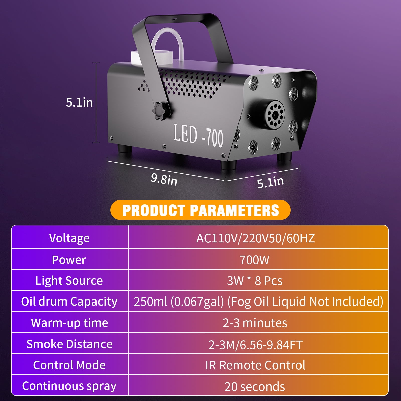 700W Fog Machine with 15 Colorful LED Lights Effect, 3000CFM, Remote Control - for Weddings, Halloween, Parties & Stage Shows