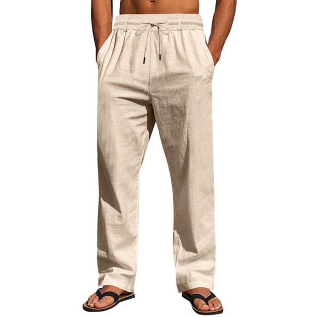 WRKEKC Casual Pants for Men Solid Color Spring Summer Thin Cotton Linen Look Leisure Straight Leg Tie Drawstring Trousers