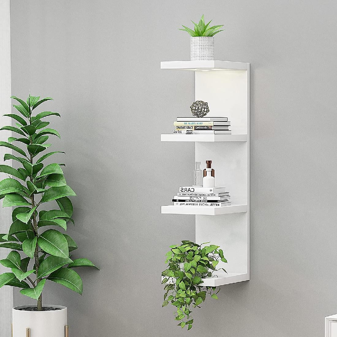4 Tier Wall Shelf Unit, White Lack Wall Shelf,Display Floating Shelf with Light