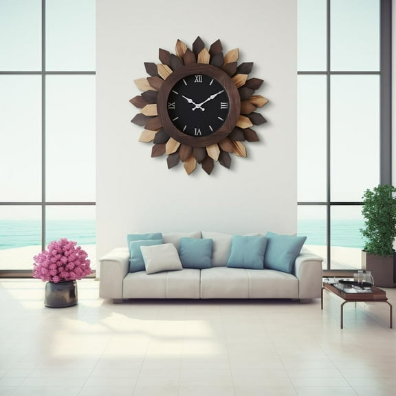 24" Modern Wall Clock with 3D Roman Numerals, Sunburst Design, Battery Powered