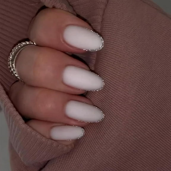 White Press on Nails Glitter Silver French Tip Fake Nails Short Medium Round False Nails Solid Color Matte Acrylic Stick on Nails Full Cover Artificial Glue on Nails for Women Girls Nail Decor 24Pcs