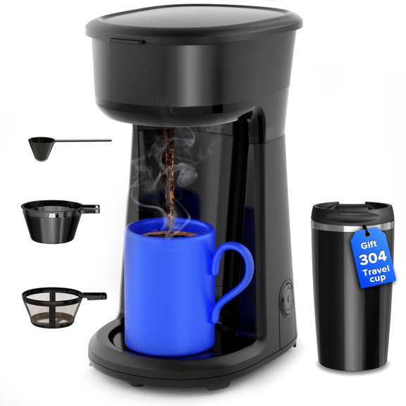 Auseo Single Serve Coffee Maker, Portable Coffee Machine with 14Oz Thermal Travel Mug & Reusable Filter, Black