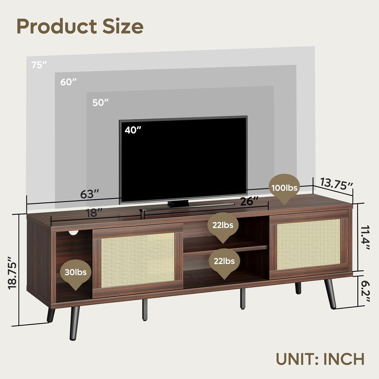 Bestier 63" Boho TV Stand for TVs up to 65 inch, Mid Century Modern TV Stand with Rattan Sliding Doors, Entertainment Center  for Living Room, Walnut