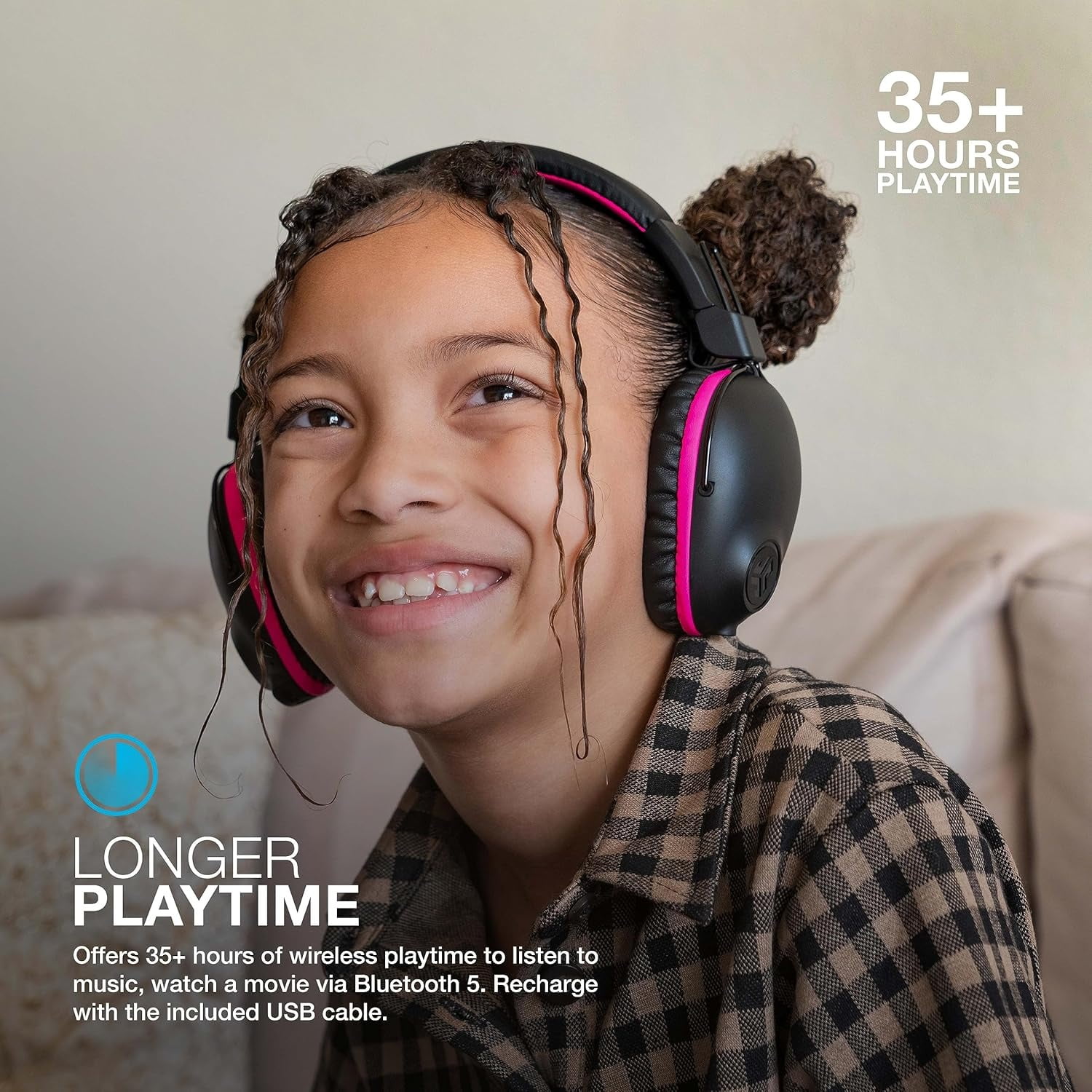 JLab JBuddies Pro Wireless Over-Ear Kids Headphones, 35+ Hour Battery Life, Built-in Volume Regulators for Safety, Share Mode, Folding, Adjustable, Noise Isolation, with Mic, Pink