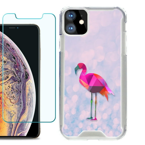 For Apple iPhone 11 Case, Hybrid Bumper Phone Case, with Tempered Glass Screen Protector, by OneToughShield ® - Flamingo / Polygon