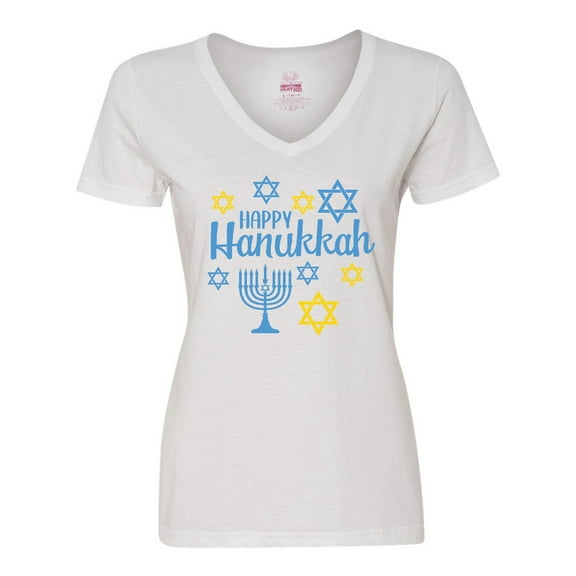 Inktastic Happy Hannukkah with Star and Menorah Women's V-Neck T-Shirt