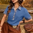 thumbnail image 4 of Miluxas Women's Summer Short Sleeve Tops Button-Up Collared Shirts with Linen and Denim Contrast Collar Trendy Business Casual Tunic Blouse Blue, 4 of 8