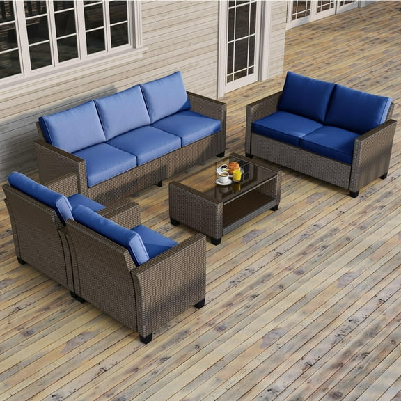 5 Pieces Outdoor Patio Furniture Sets, All-Weather Outdoor Furniture with Tempered Glass Coffee table & Rattan Chair, Water-Resistant PE Wicker, for Garden, Patio, Balcony, Sky blue Gray Cushions