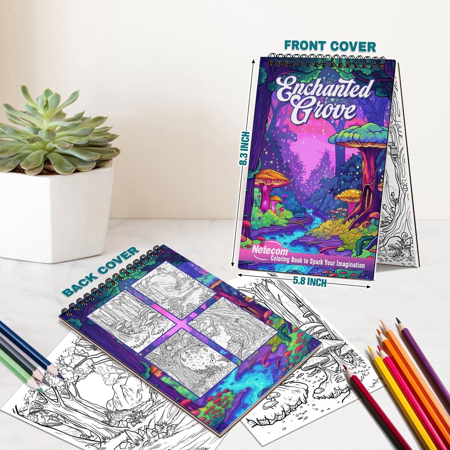 Netecom Enchanted Grove Coloring Book Spiral Bound for Adults, A5 Wooden Cover, 30 Whimsical Coloring Pages of Enchanting Landscapes for Stress Relief and Relaxation