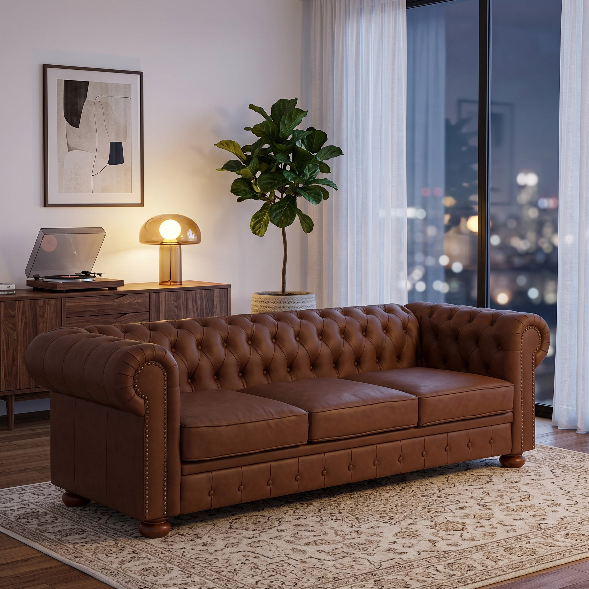 81" Brown Chesterfield Faux Leather Sofa, Rolled Arm 3 Seater Couch, Button Tufted Back, Nailhead Trim, Individual Cushions, Solid Wood Legs for Living Room, Office, Apartment