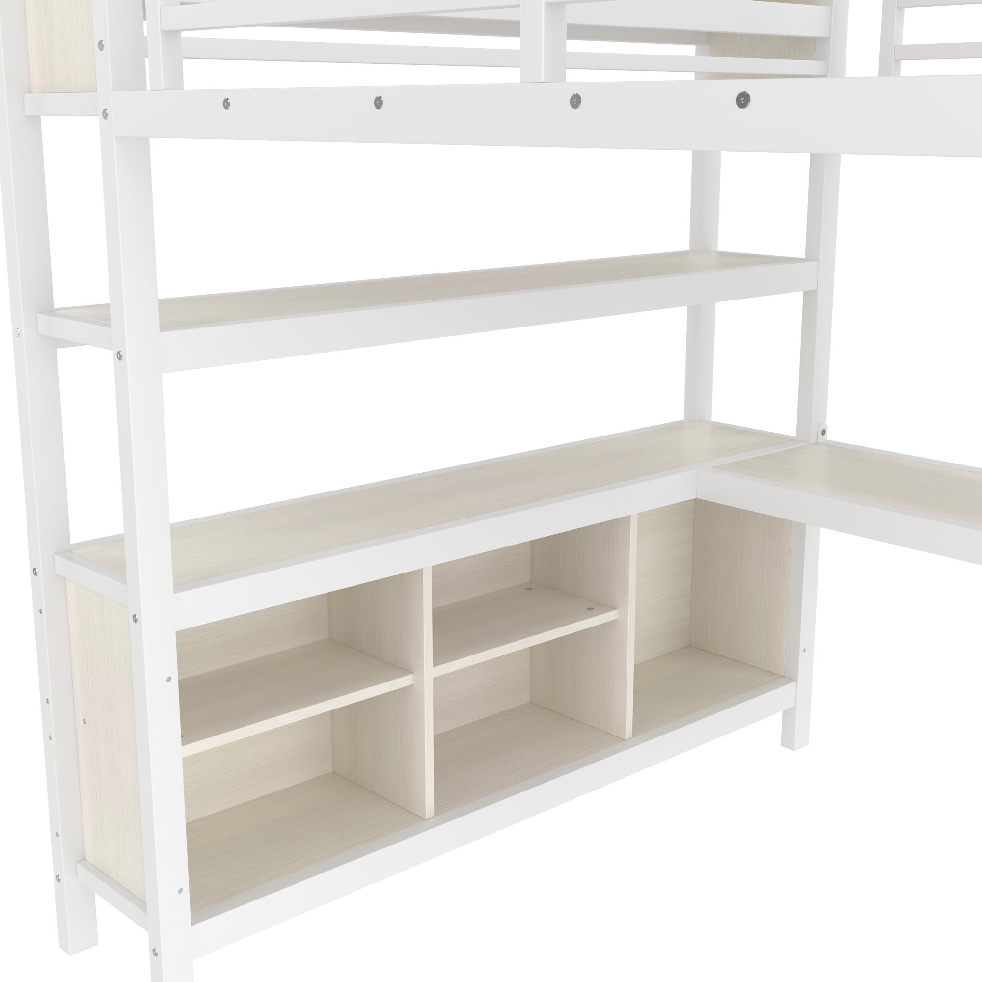 Queen Size Loft Bed with Wardrobe And L-shaped Desk, Metal Loft Bed with Storage Cubes and Shelves, Heavy Duty Loft Bed for Kids Teens Adults, White