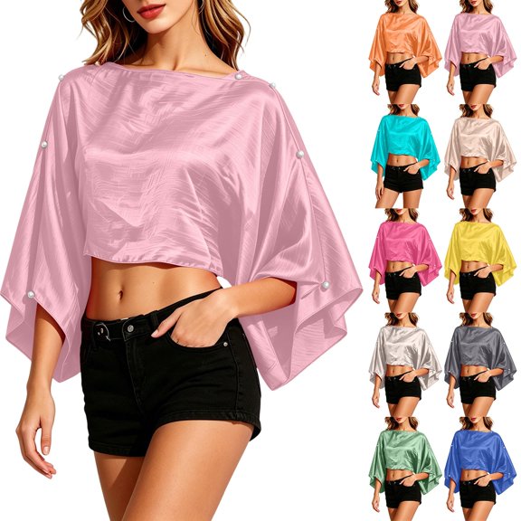 Fewfanhot Women Satin Batwing Sleeve Crop Poncho Top, Pearl Decor Summer Loose Oversized Boat Neck Layering Cover Up