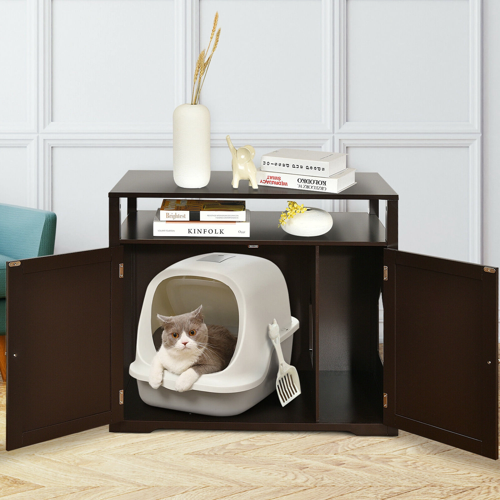 Gymax Brown Wooden Cat Litter Box Enclosure with Storage Layer