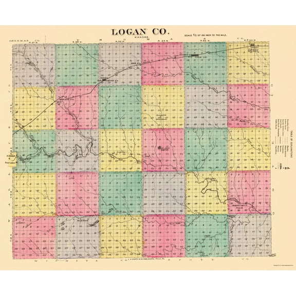Historic County Map - Logan County Kansas - Everts 1887 - Vintage Wall Art