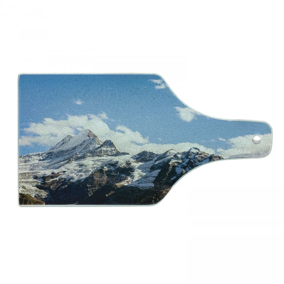 Mountain Cutting Board, Snowy Mountain Scenery in the Summertime Cloudy Sky Natural Beauty Pattern, Tempered Glass Cutting and Serving Board, Wine Bottle Shape, White Blue Brown, by Ambesonne