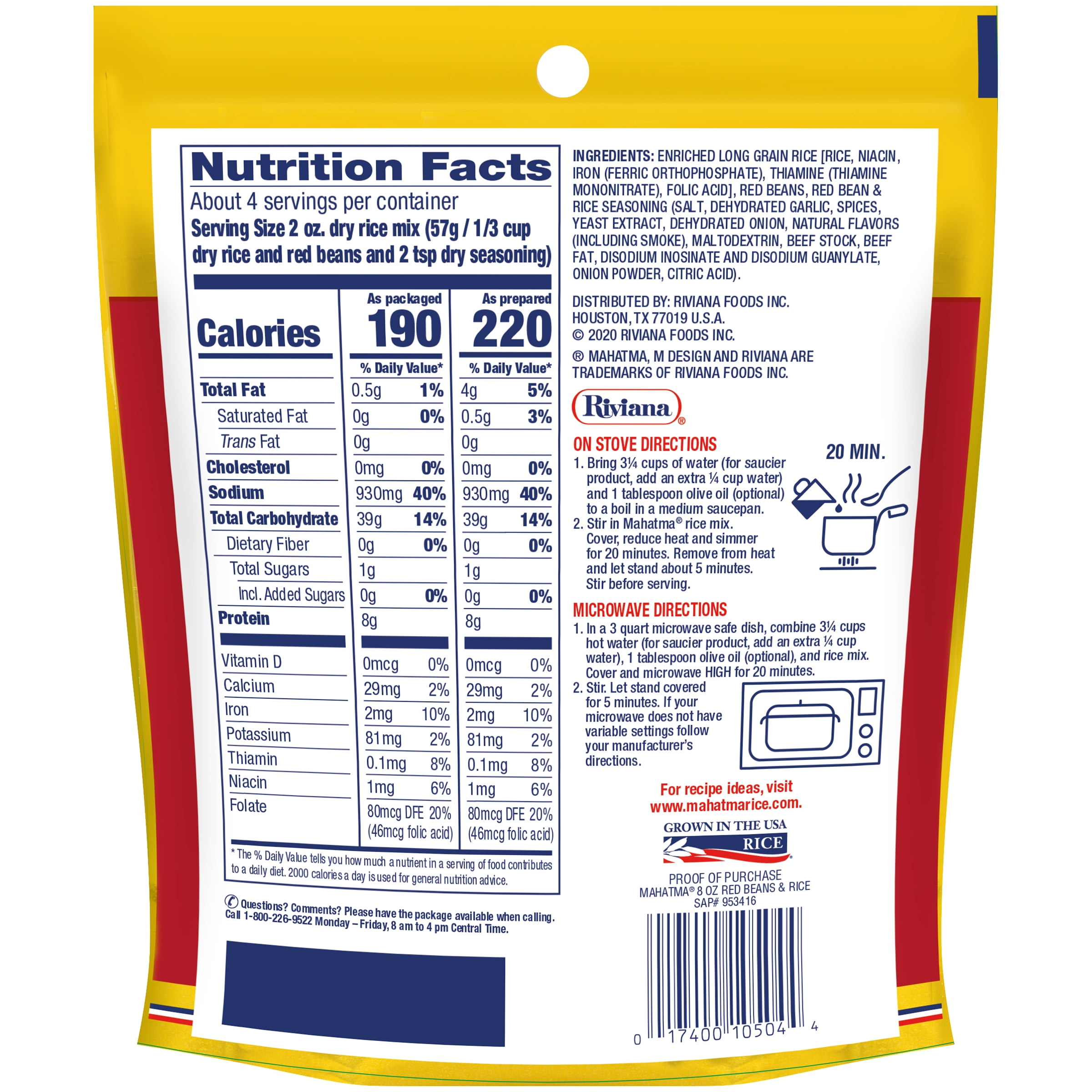 Mahatma Red Beans and Rice, Cajun Style Rice and Beans, 8 oz Bag