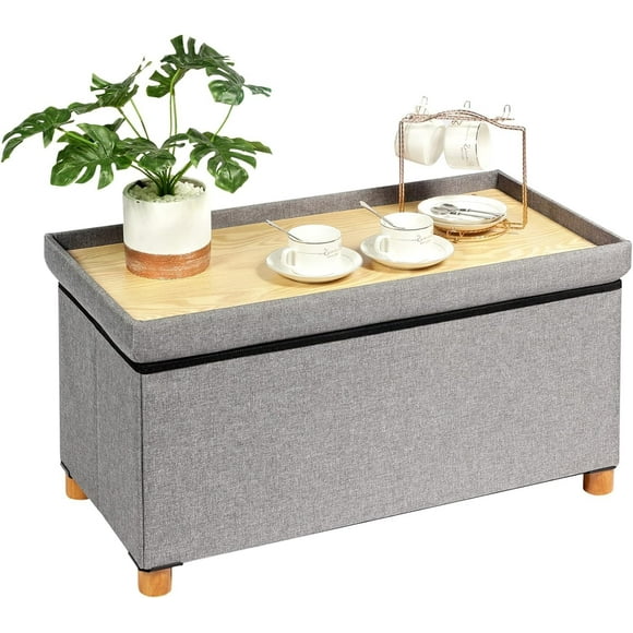 Ottoman with Storage Coffee Table, Grey Footrest-Stool Linen Toy Chest with Tray, Large Storage Bench Foot Rest Ottoman for Bedroom End of Bed, Living Room, Hallway, 30"x 15"x 15"