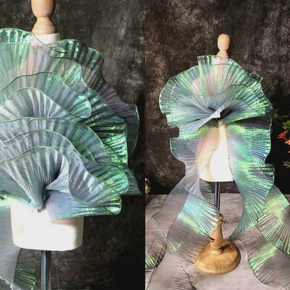NAMZI 5 Yards Retro Ruffle Pleated Chiffon & Tulle Trim, Fabric Applique for Dress & Bag Decoration, Craft Sewing, Black Green