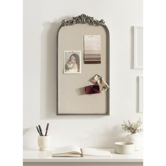 Kate and Laurel Arendahl Arch Pinboard, 13 x 25, Silver, Framed Arched Ornate Vintage Cork Board for Use as Motivational Vision Board or Wall Organizer
