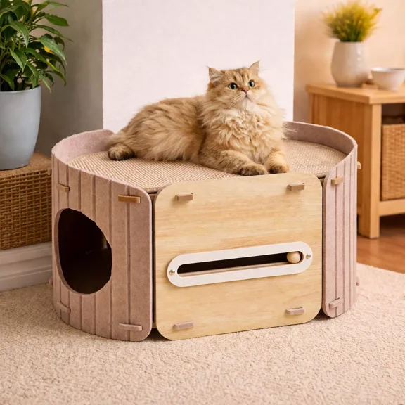 Fairela 2-in-1 Cat House for Indoor Cats, Wooden Cat Condo Bed with Enclosed Cave & Scratching Top, Beige